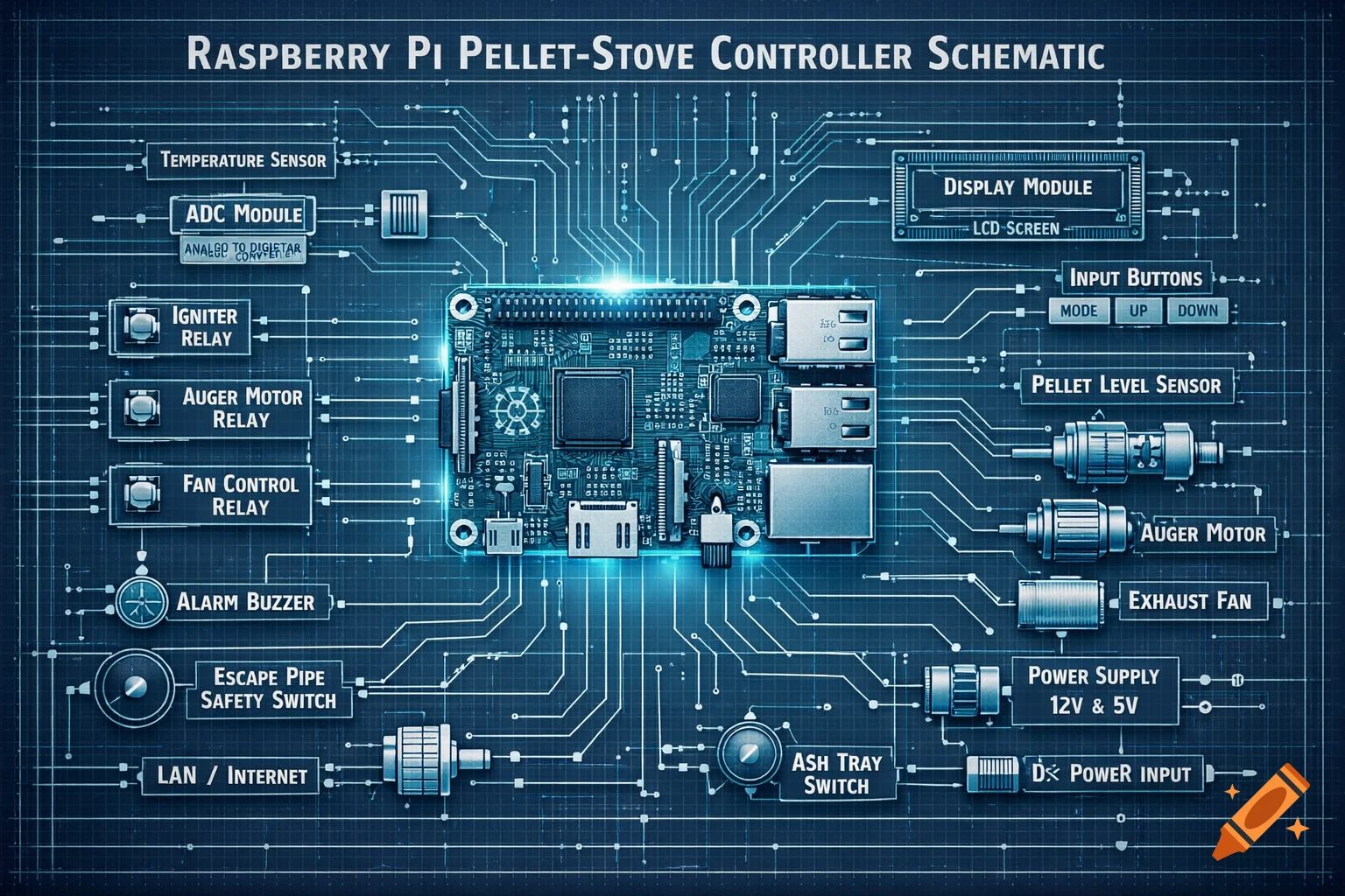 A detailed blue schematic for a Raspberry Pi pellet-stove controller, showing various connected components like sensors, relays, motors, and a display module with glowing circuit lines.