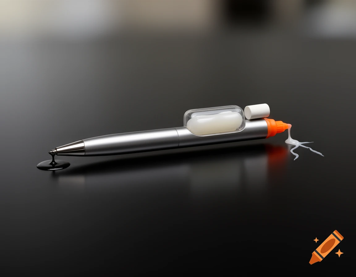 A metallic pen with black ink oozing from one tip and white glue from an orange dispenser at the other, with a clear pod and white eraser on top, on a dark surface.