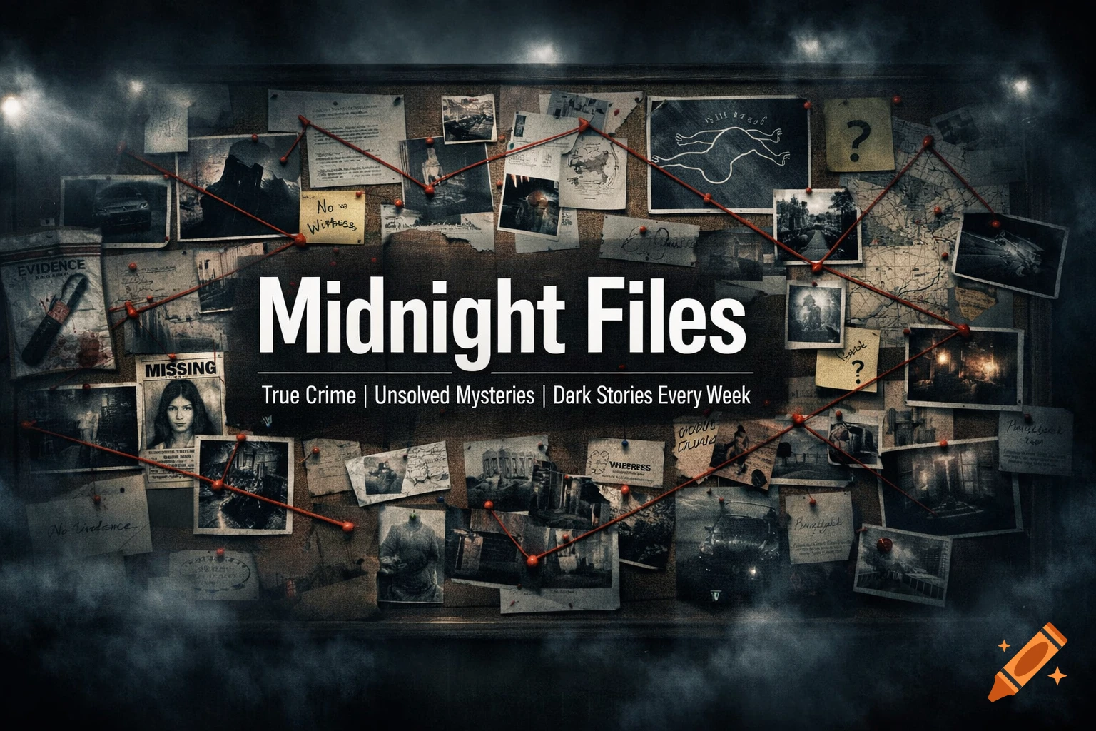 A dark, mysterious evidence board with red strings connecting various photos and clues. Large white text reads "Midnight Files" with a subtitle "True Crime | Unsolved Mysteries | Dark Stories Every Week" centered on the board.