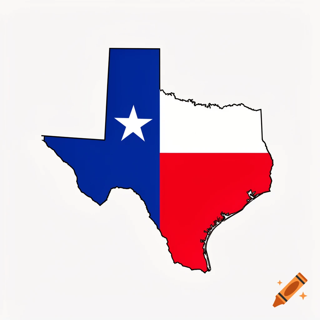 Map of Texas outlined, filled with the blue, white, and red design of the Chilean flag, featuring a white star on the blue section.