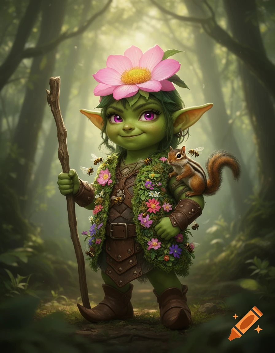 A cute green-skinned forest gnome with a pink flower hat, wearing a mossy vest with bees and a chipmunk, holds a staff in an enchanted forest.