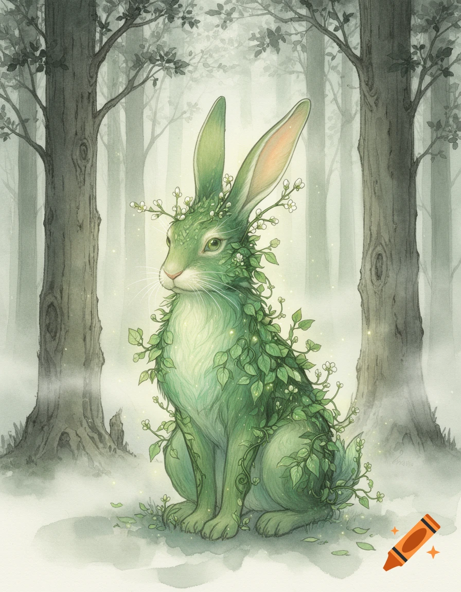 A mystical green rabbit covered in leaves and white flowers sits in a ...