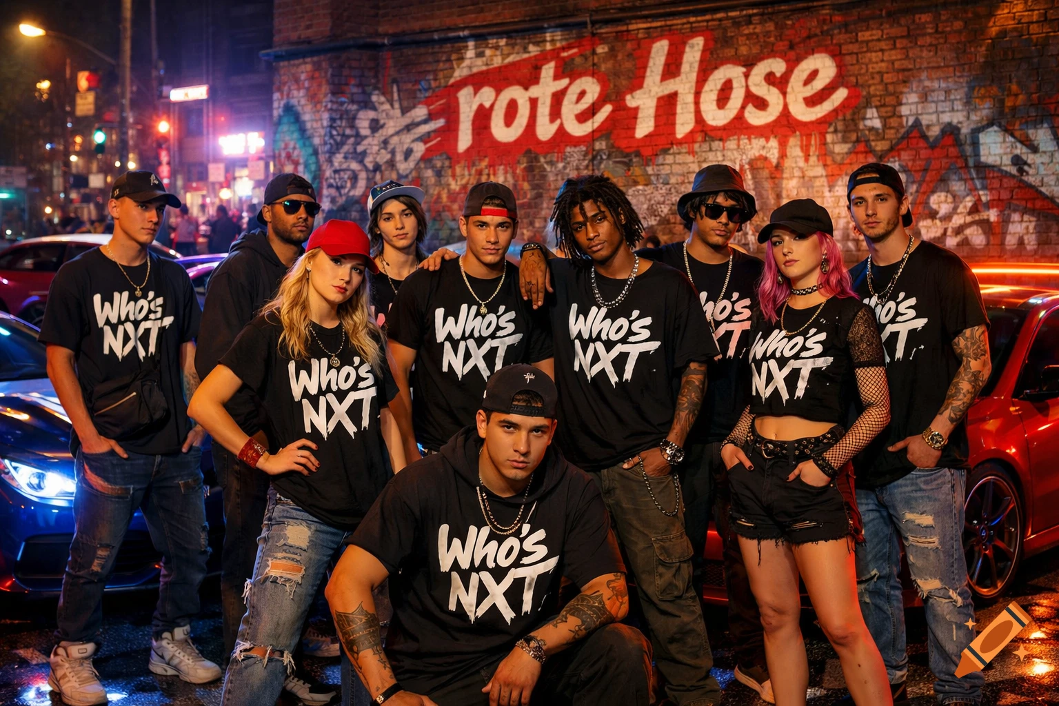 A diverse group of young adults in streetwear pose at night against a graffiti wall, with cars and city lights behind them.