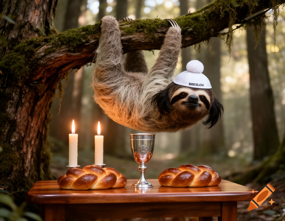 A photorealistic sloth wearing a white Breslov hat hangs from a tree branch above a Shabbat table with lit candles and challah in a forest.