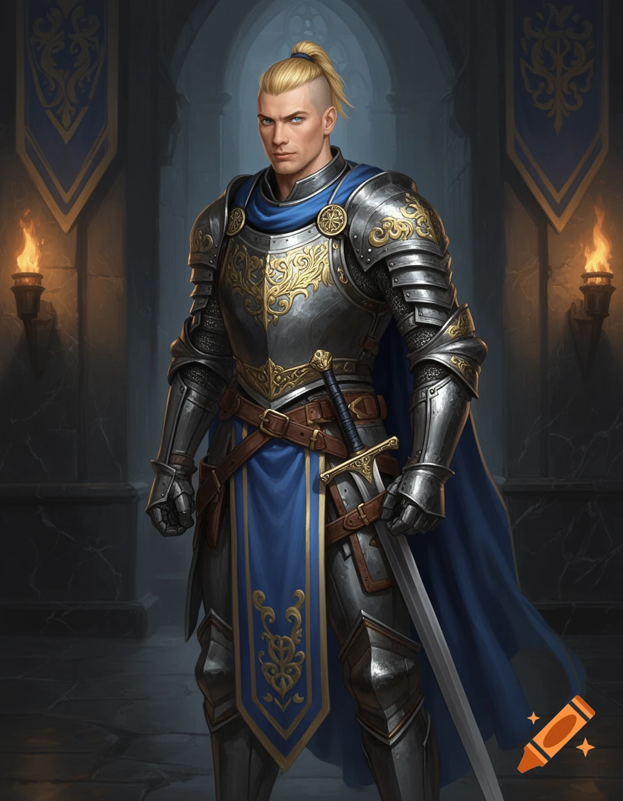 A blonde male knight in ornate silver, gold, and blue fantasy armor with a sword, standing in a medieval hall.