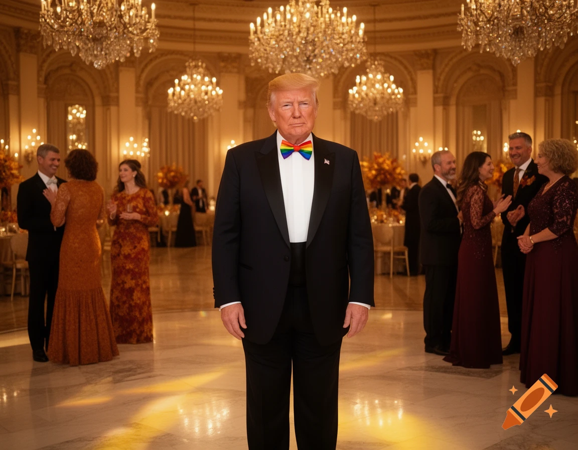 Donald Trump stands in a grand ballroom wearing a tuxedo and a rainbow bowtie, with other formally dressed guests in the background.