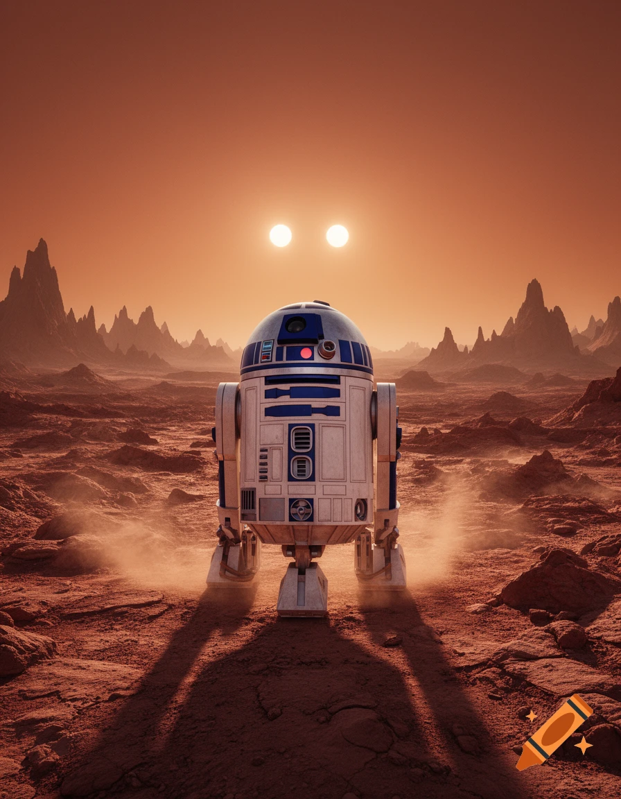 R2D2 stands on a desolate, reddish desert planet under a sky with two bright suns.