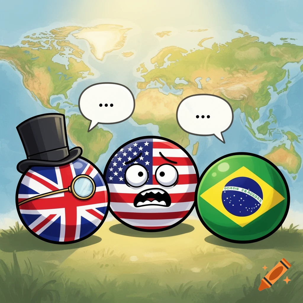 Cartoon countryballs of UK, scared US, and Brazil stand before a world map.