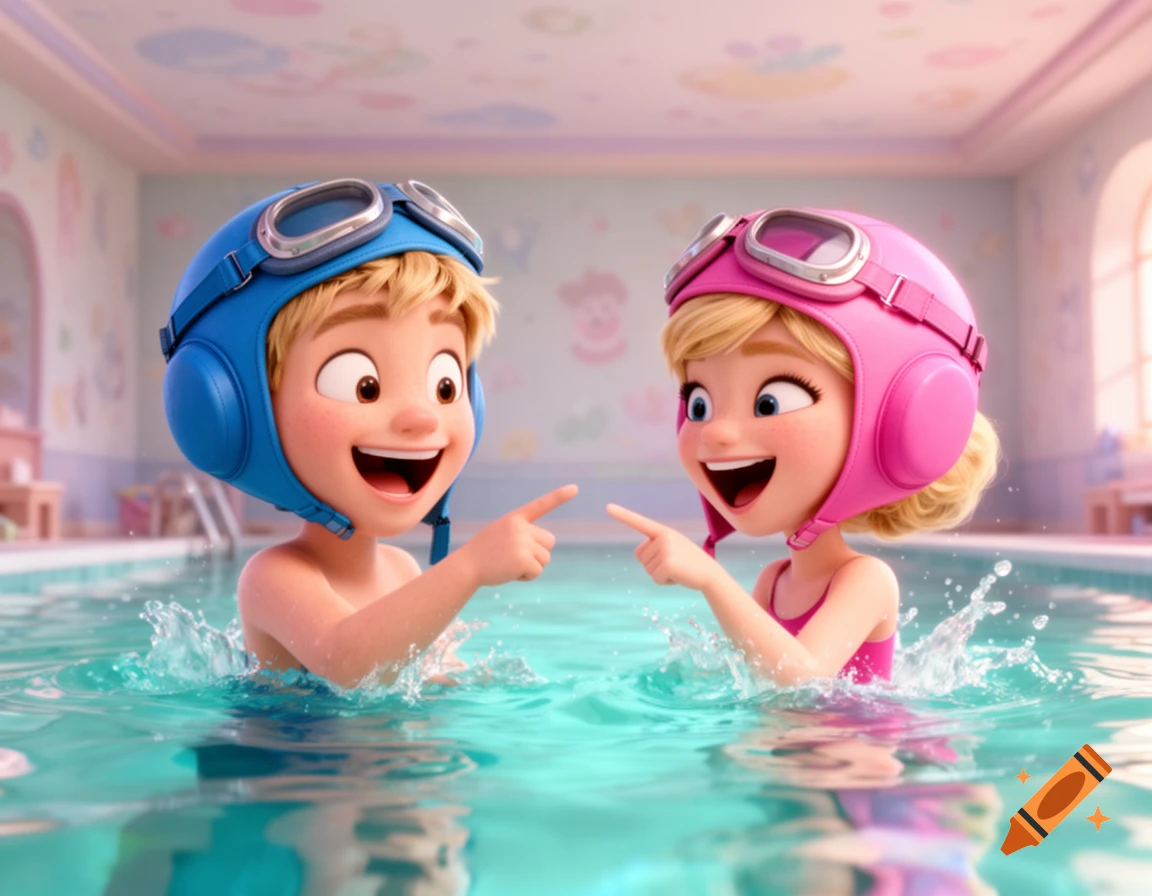 A cartoon boy and girl, with blonde hair and pilot-style swim caps, laugh and point at each other in an indoor pool, in a bright Pixar-like style.