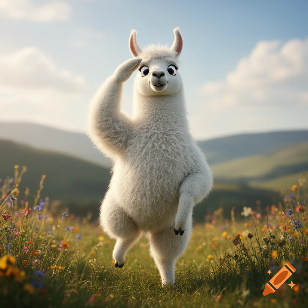 A fluffy white cartoon llama stands on its hind legs in a sunny wildflower field, saluting.