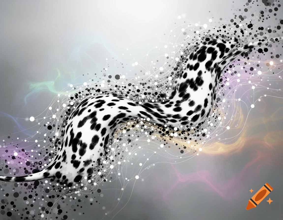 An abstract wavy form with dalmatian spots, surrounded by connected black and white dots on a grey background with colorful wisps.