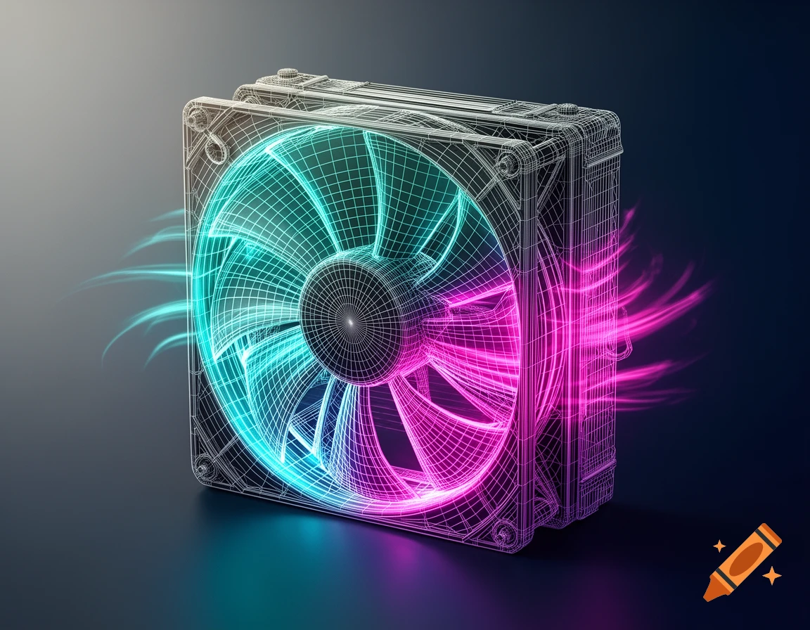 Wireframe computer cooling fan glowing with vibrant neon blue and pink light against a dark background.