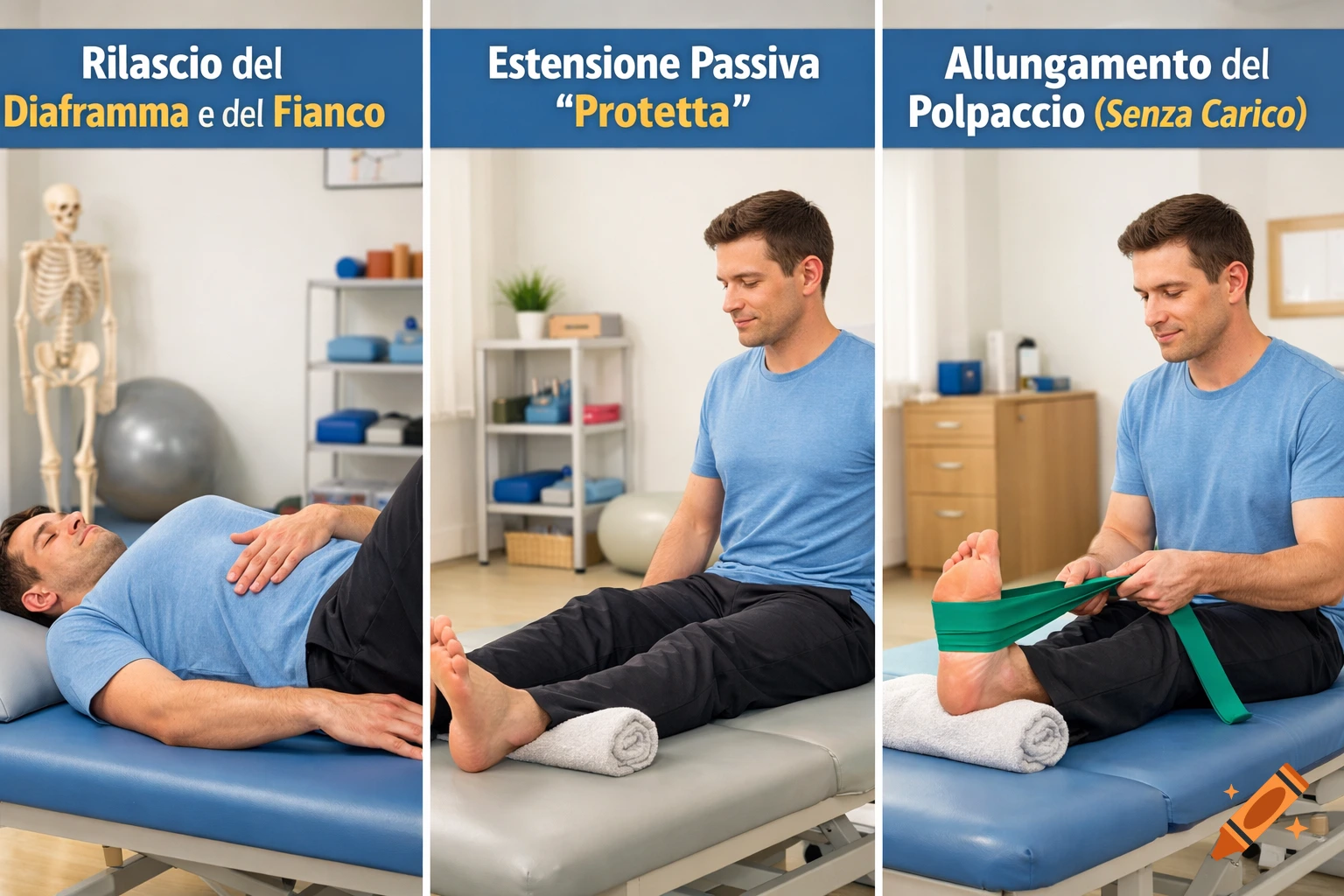 A man demonstrates three physical therapy exercises: diaphragm release, passive extension, and calf stretch, in a clinic.