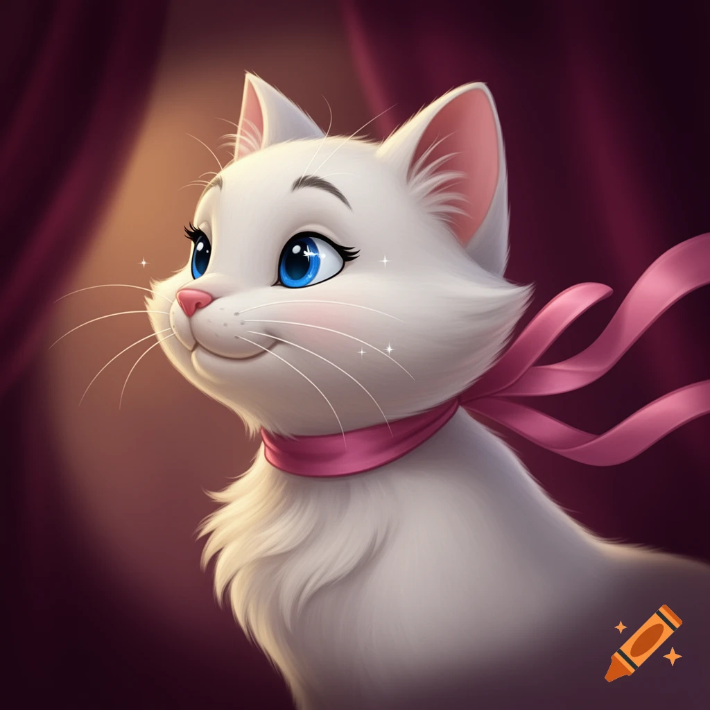 A side profile of a white cartoon cat with large blue eyes, rosy cheeks, and a pink ribbon around its neck, against a dark red background.