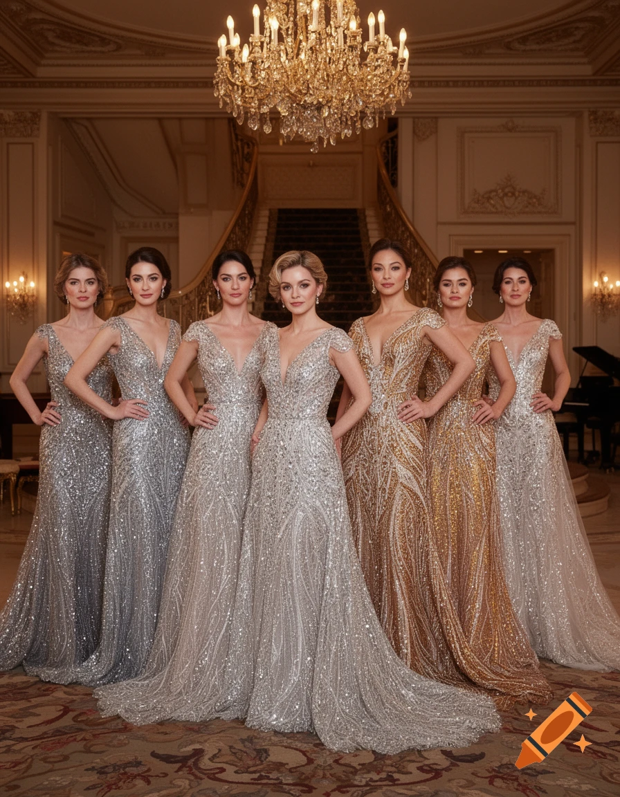 Six women in shimmering silver and gold sequined gowns pose elegantly in a grand opulent hall with a large chandelier.