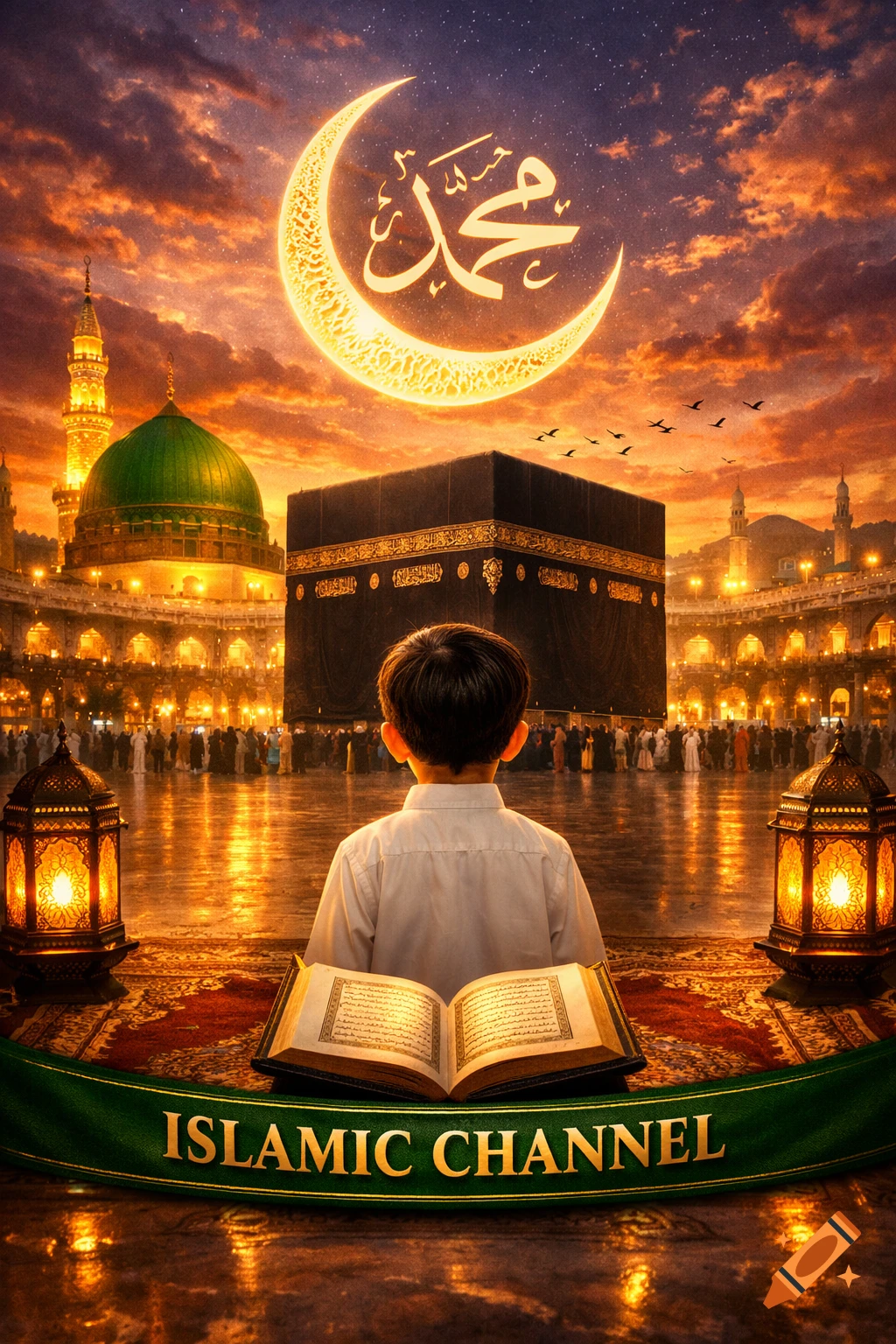 A boy views the Kaaba and Green Dome under a sunset sky with a crescent moon inscribed with 'Muhammad', an open Quran, and lanterns.