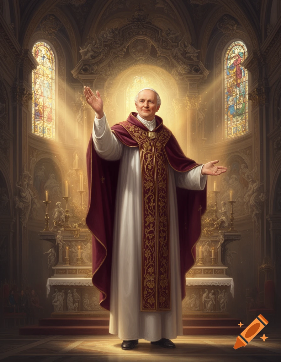 An elderly Pope in red and white vestments stands with arms raised in an ornate church, bathed in golden light from stained glass windows.