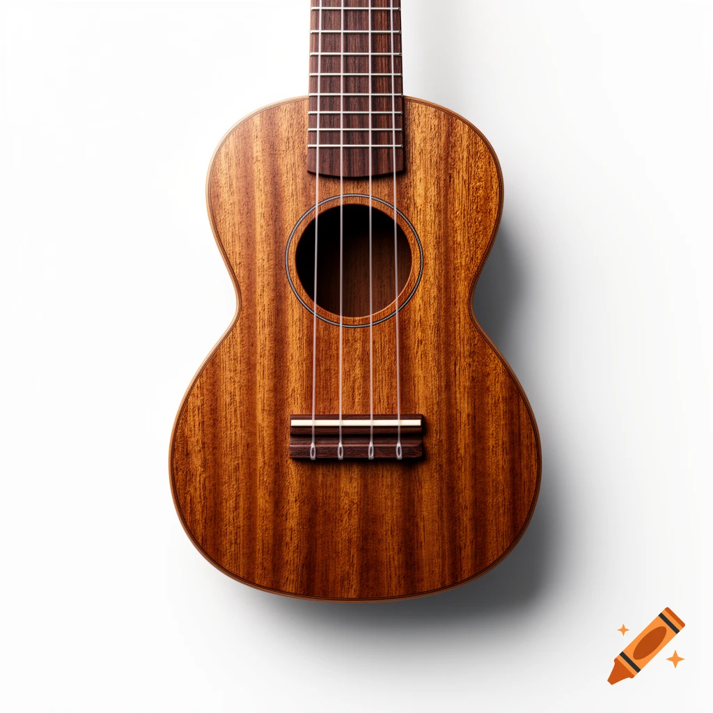 Close-up of a wooden ukulele with four strings and a sound hole, against a clean white background.