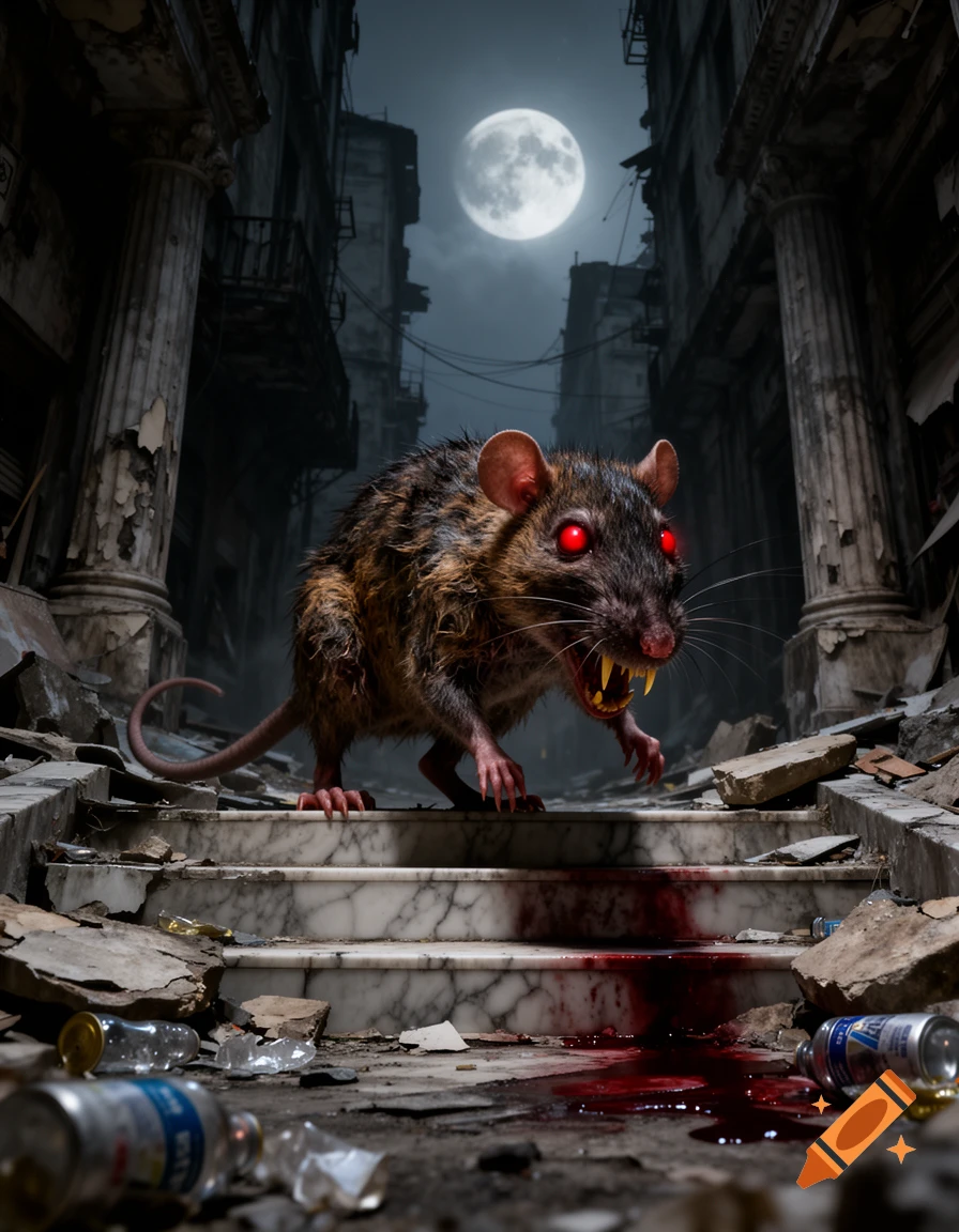 A monstrous rat with glowing red eyes and sharp fangs stands on blood-stained steps in a ruined city street under a full moon at night, in a photorealistic style.
