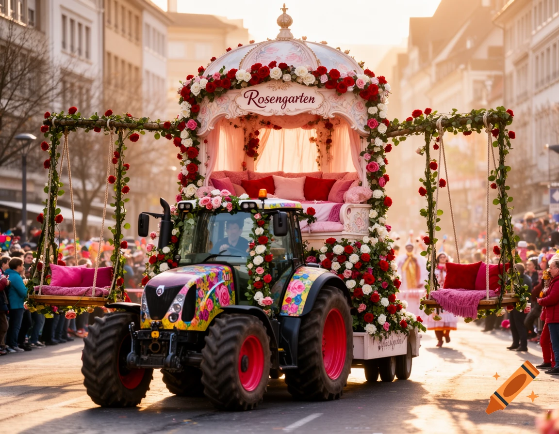 A highly decorated tractor pulls a rose-covered pavilion float with swings down a city street during a parade.