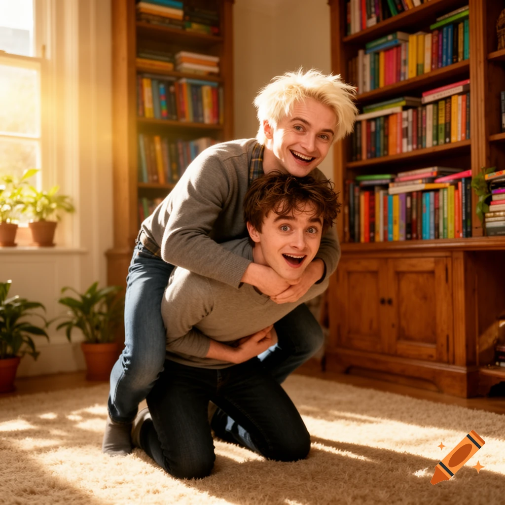 Two smiling young men, one with blonde hair, piggybacking on another with brown hair, in a sunlit room with bookshelves.