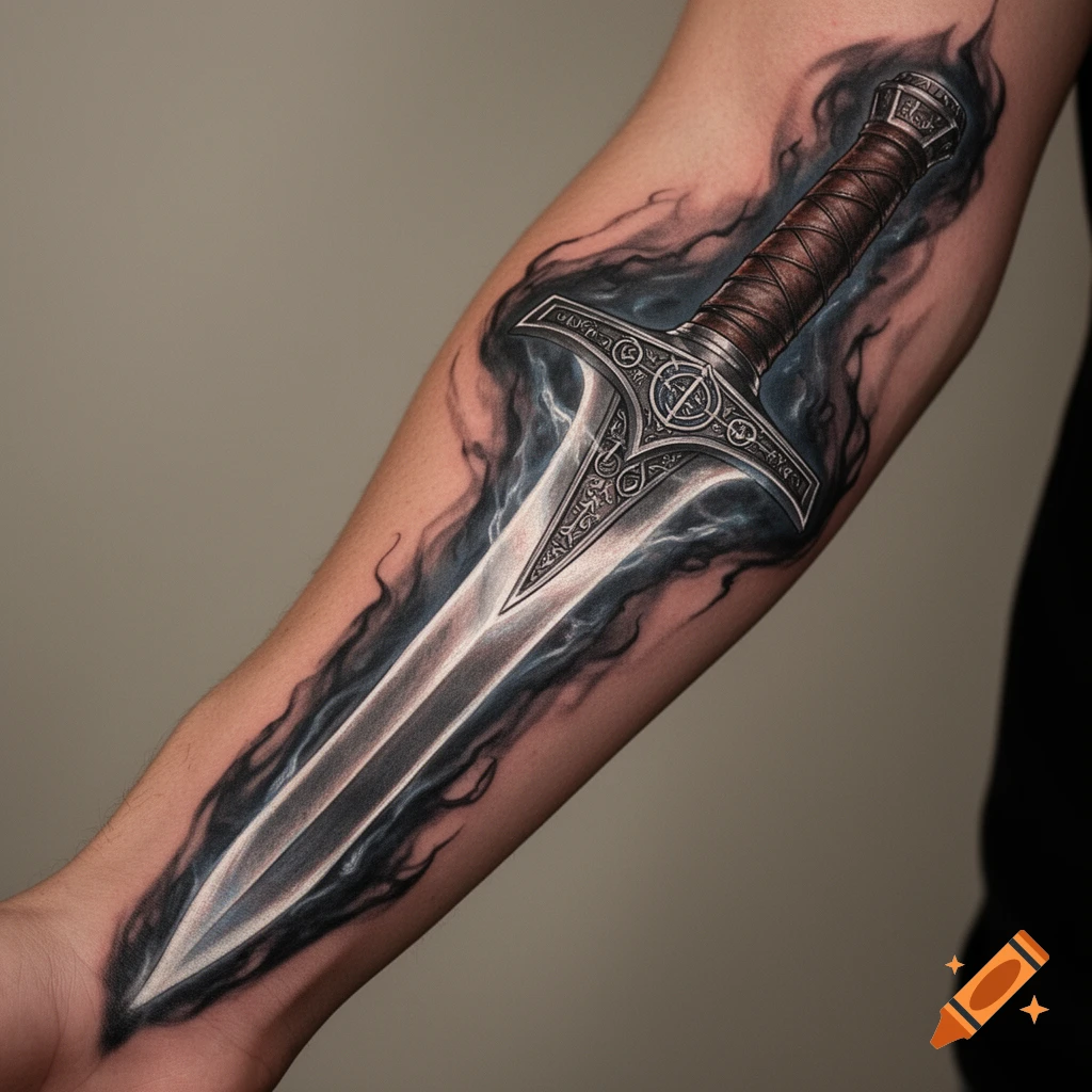 A detailed fantasy sword tattoo with a brown hilt and ornate guard, surrounded by dark smoky tendrils, on a person's forearm.