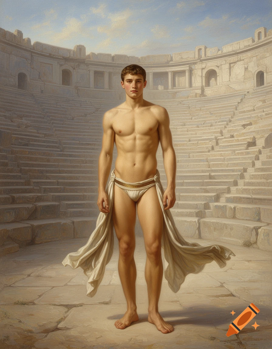 A muscular young man in a loincloth stands barefoot in an ancient Roman amphitheater, rendered in a classical painting style.
