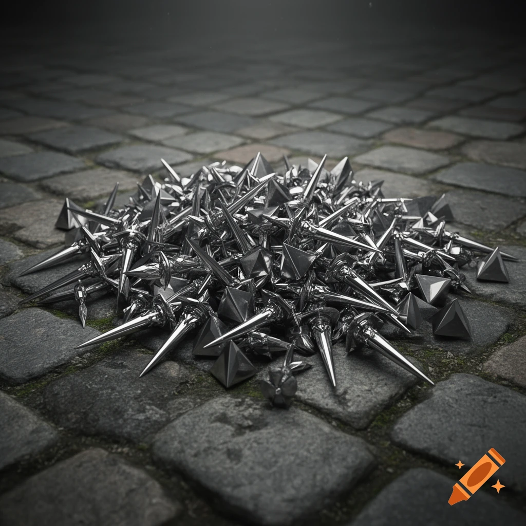 A close-up, high-angle shot of a large pile of shiny silver gothic metal spikes and studs scattered on a dark cobblestone street.