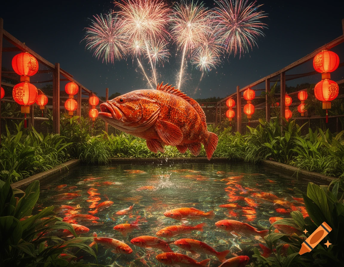 A huge grouper leaps from a pond teeming with goldfish, illuminated by vibrant fireworks and red Chinese lanterns in a festive night scene.