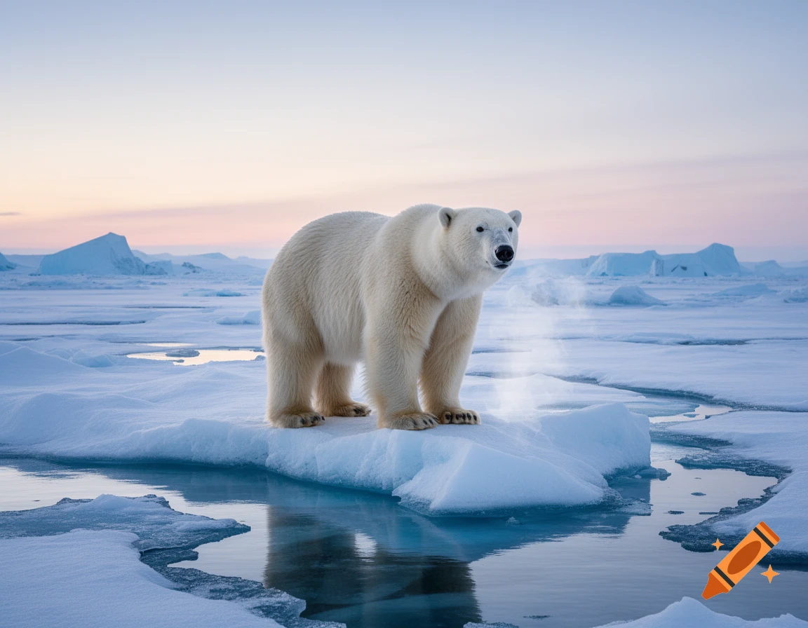 A photorealistic polar bear stands on an ice floe in the Arctic, with soft pink and blue skies at dawn.
