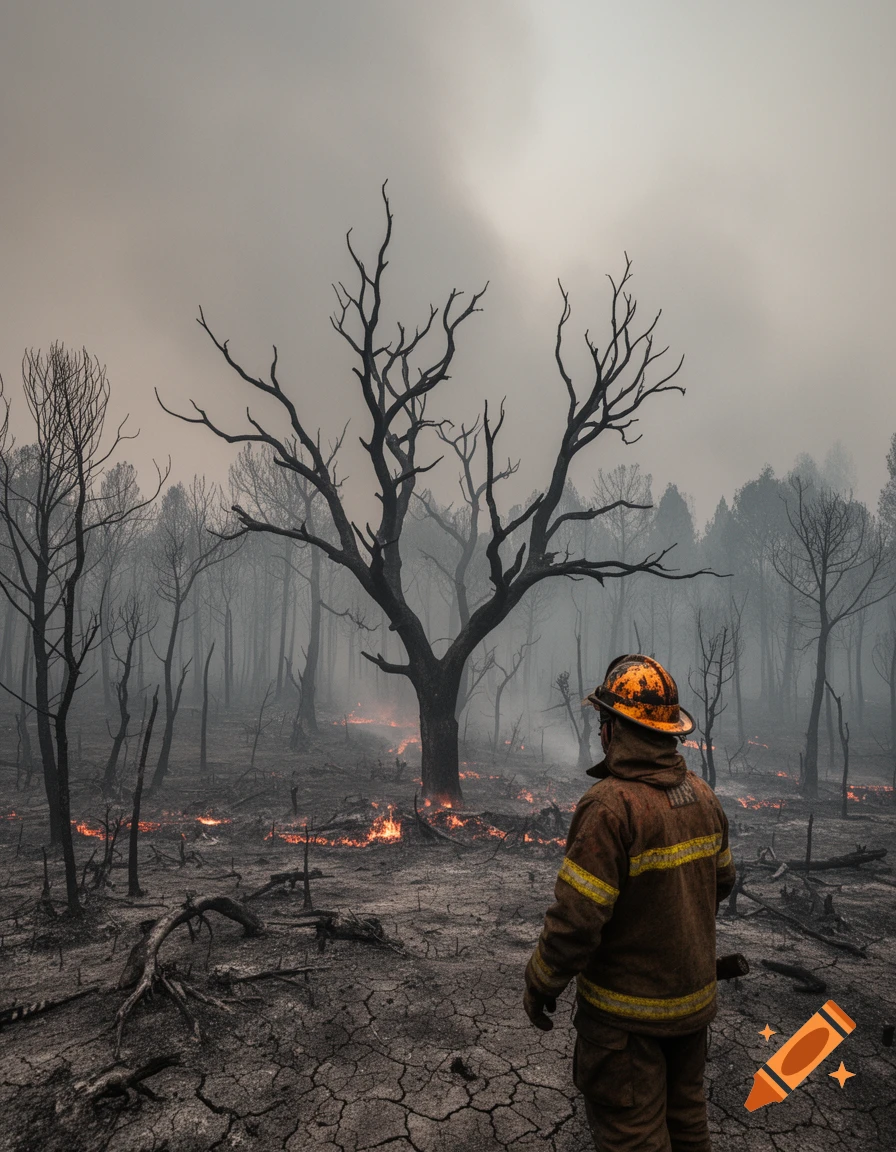 A lone firefighter stands in a desolate, burned forest landscape under a smoky sky with small fires still burning.