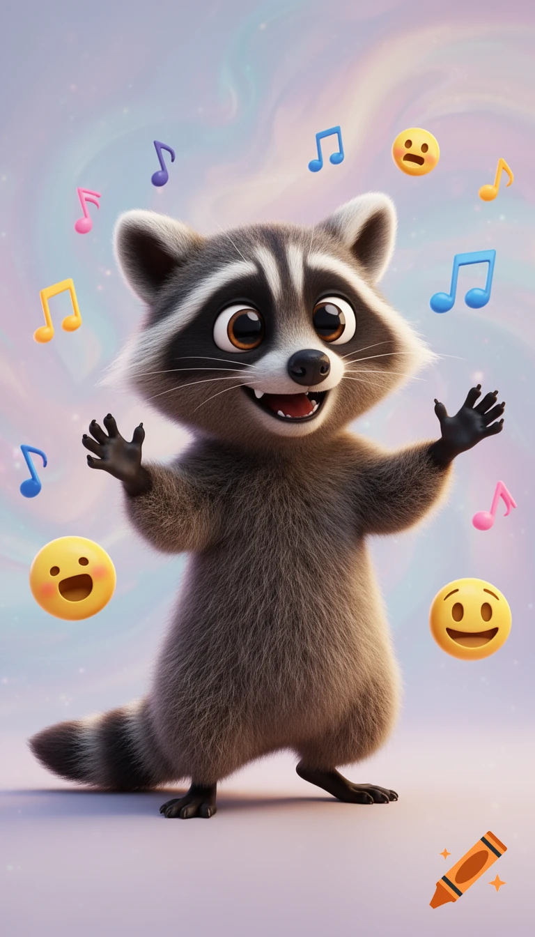 A cute, smiling 3D cartoon raccoon stands with raised arms, surrounded by musical notes and emojis on a pastel background.