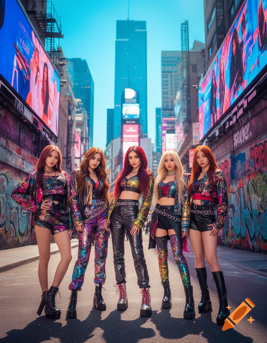 Five women in metallic, colorful outfits pose on a city street with billboards and graffiti in a photorealistic style.