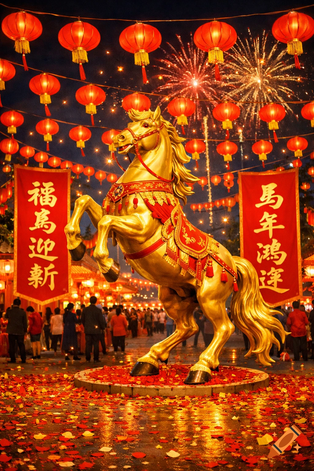 A golden horse statue rears up amidst a vibrant Chinese New Year celebration with red lanterns, fireworks, and crowds of people at night.