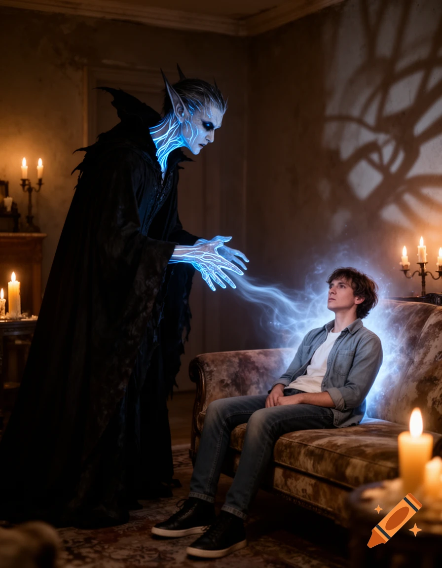 A fantasy scene of an energy vampire in a dark cloak drawing blue energy from a man seated on a couch in a candlelit room.