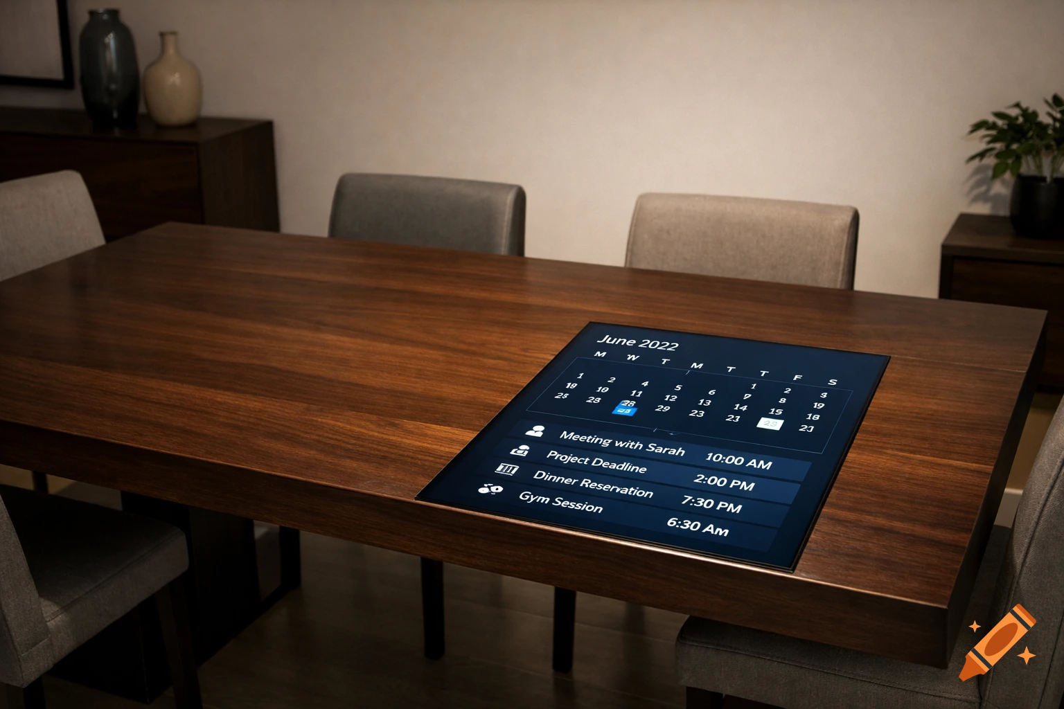 A modern wooden dining table features an integrated digital display showing a June 2022 calendar and schedule.