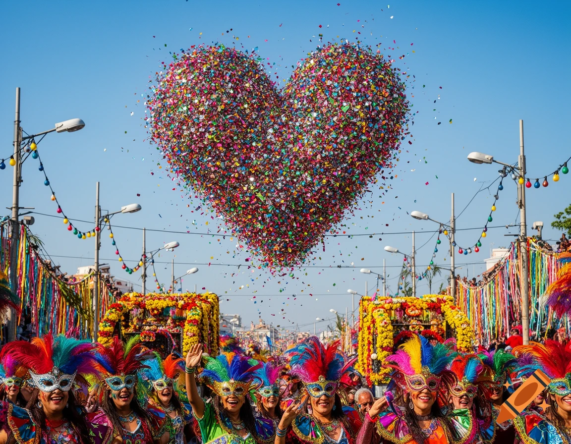 A heart made of colorful confetti floats above a lively carnival parade with people in vibrant feathered masks and costumes.