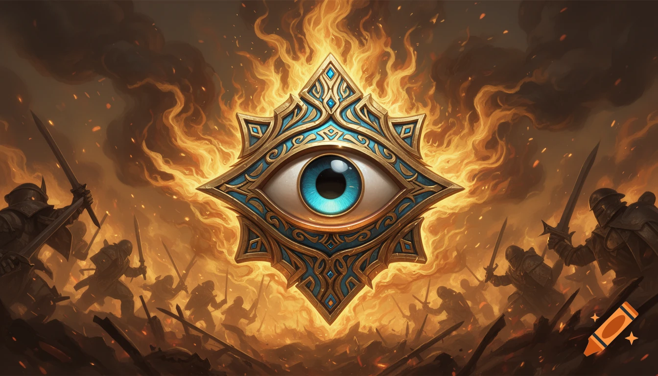 An ornate blue eye symbol glowing amidst a fiery battle scene with silhouetted warriors. Fantasy illustration.