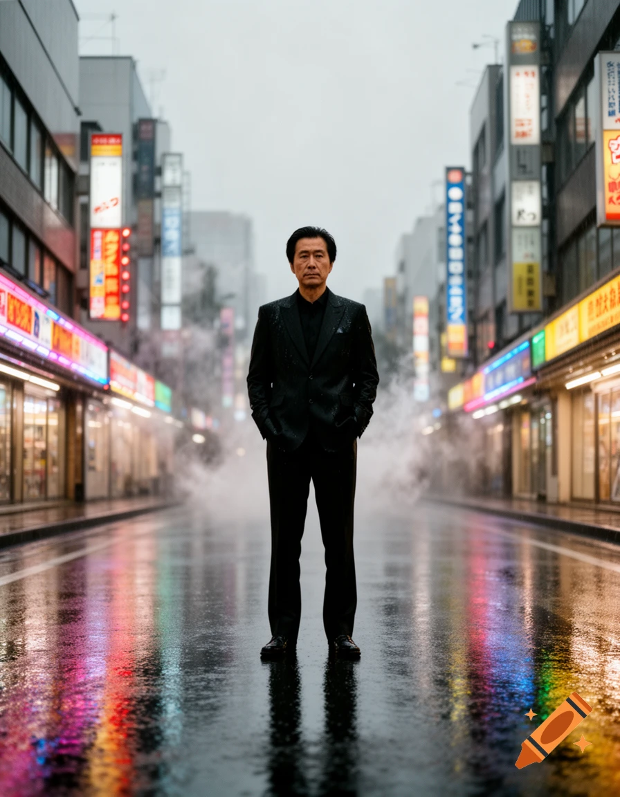 A man in a black suit stands in the middle of a wet, reflective city street at night, surrounded by neon signs.