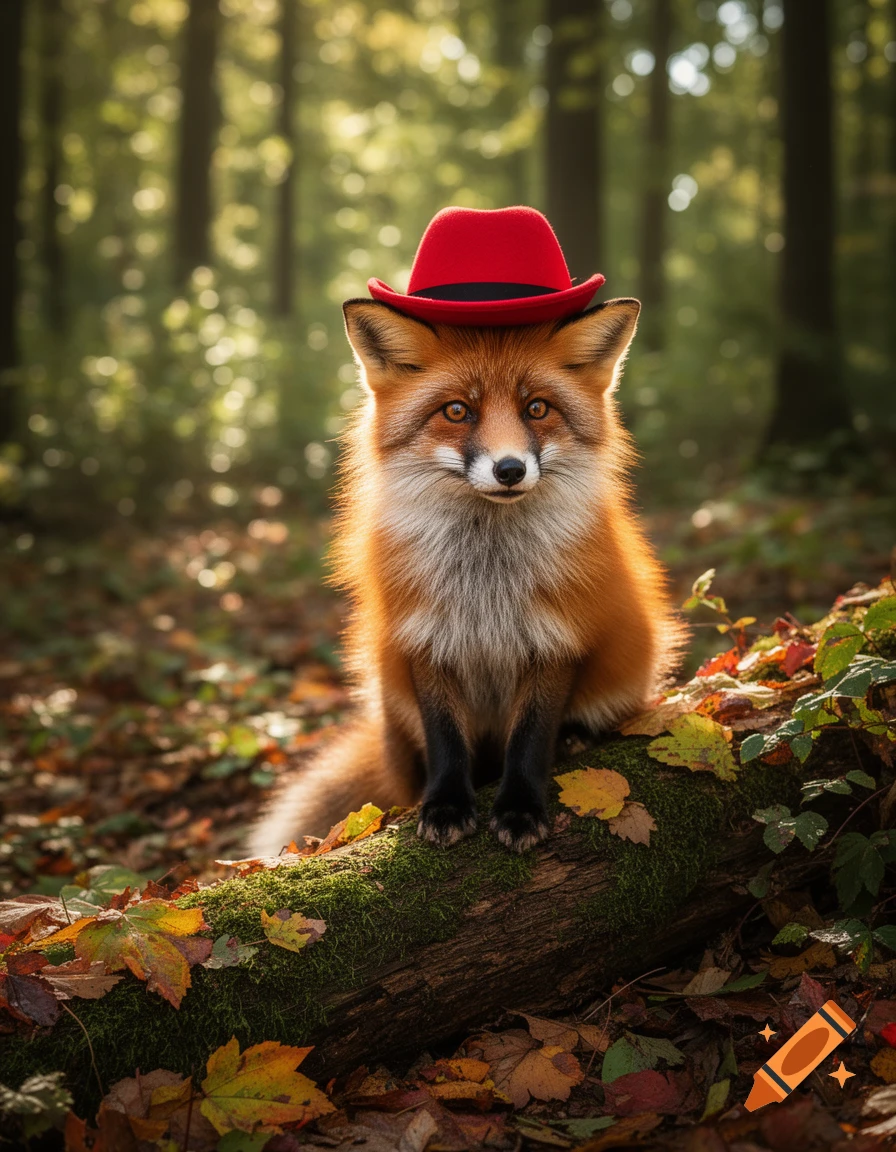 A photorealistic fox wearing a red hat sits on a mossy log in a sunlit ...