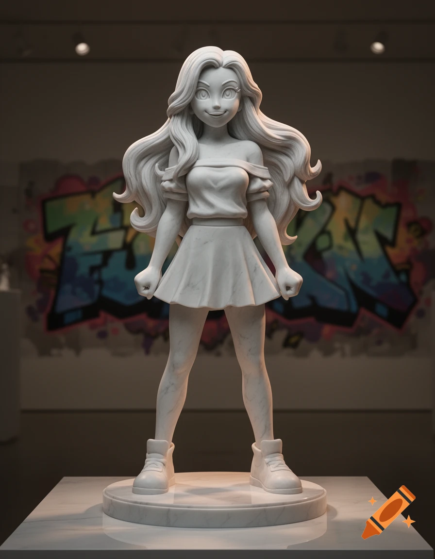 White marble statue of a stylized cartoon girl with wavy hair, off-shoulder top, skirt, and sneakers, on a pedestal with graffiti background.