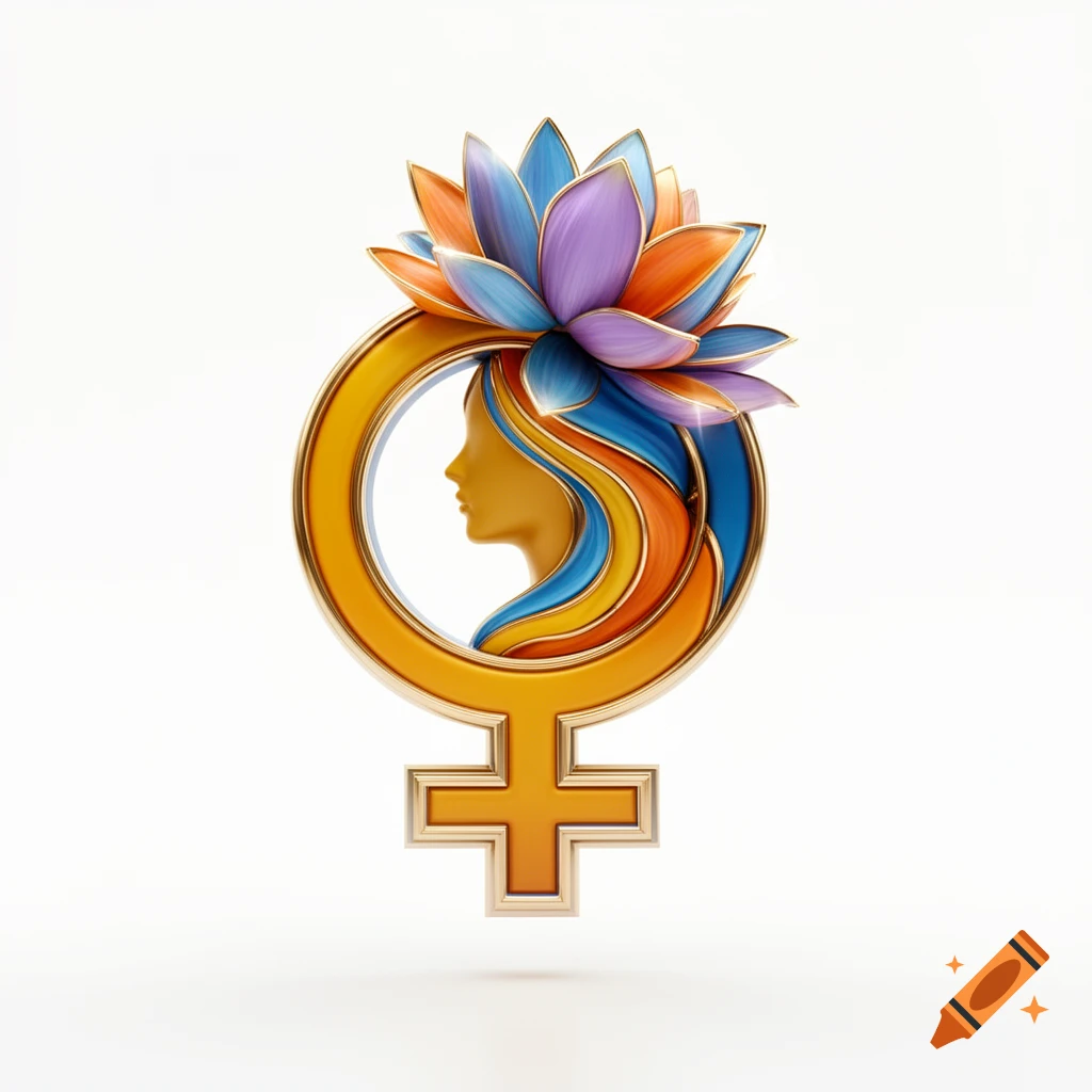 A vibrant 3D rendered female symbol with a woman's silhouette and a colorful lotus flower, featuring golden metallic accents on a white background.