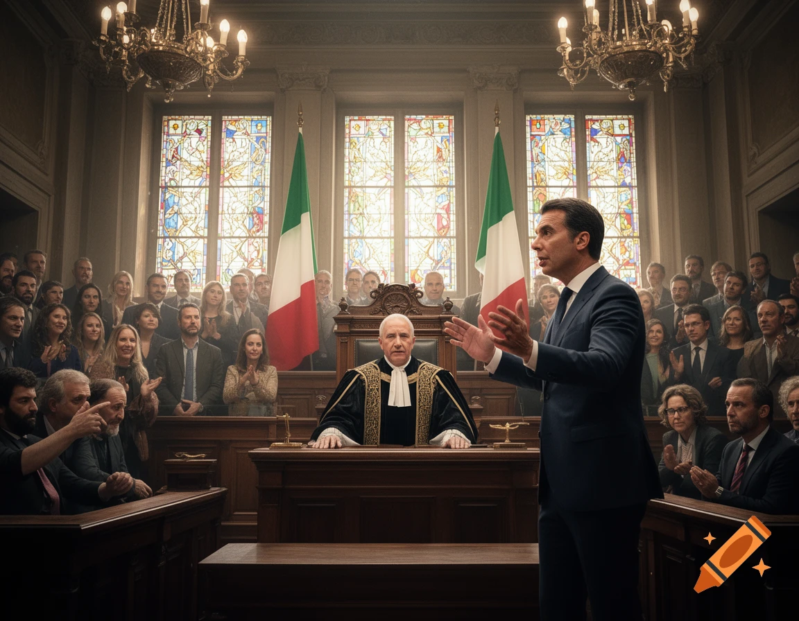 A man in a suit speaks in a grand courtroom with Italian flags and a robed judge while an audience watches.