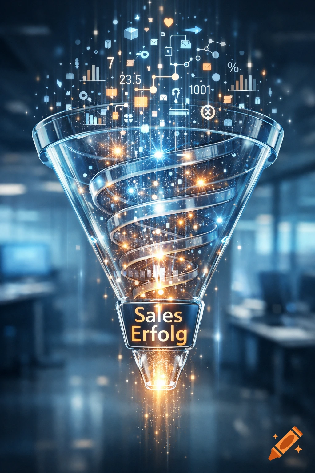 A glowing data funnel with digital icons flowing into it, and the words 'Sales Erfolg' (Sales Success) at the bottom.