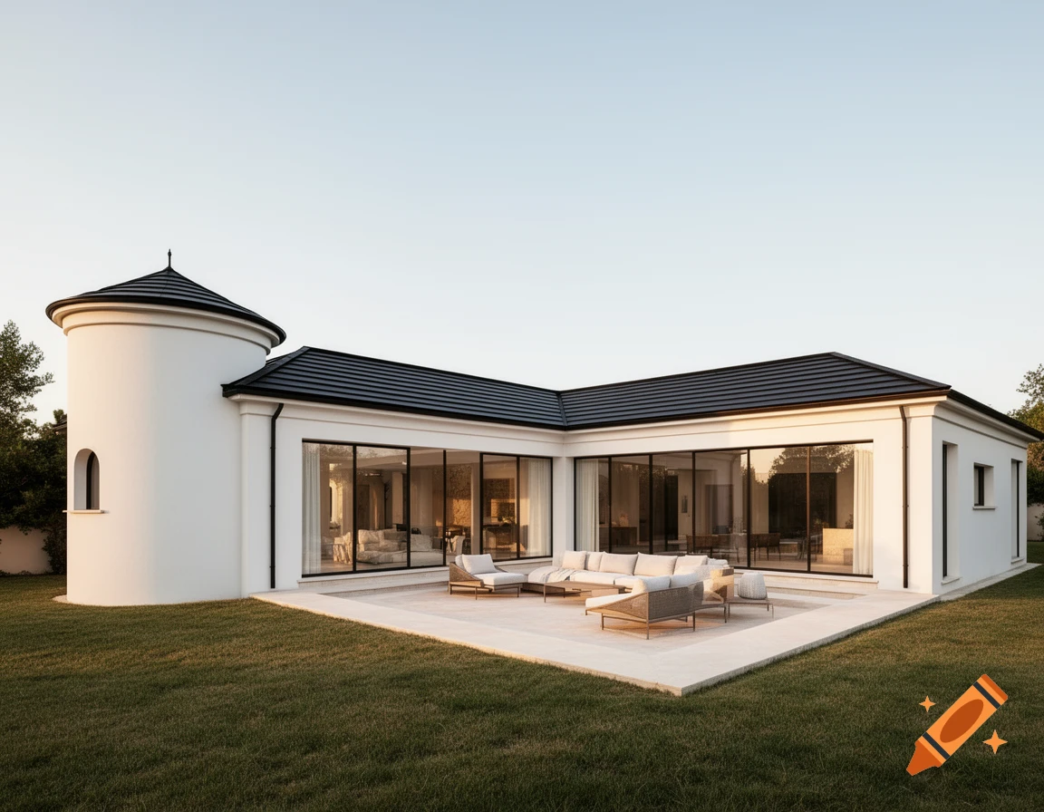 A modern L-shaped white bungalow with a round tower, large glass windows, a patio with outdoor furniture, and a green lawn under a clear sky.