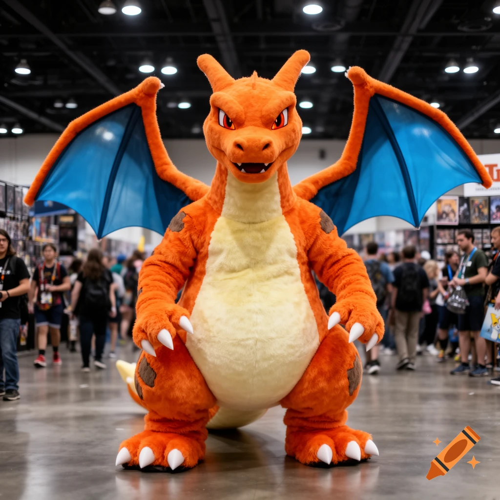 A person in a detailed, orange Charizard fursuit stands proudly in the middle of a bustling convention hall.