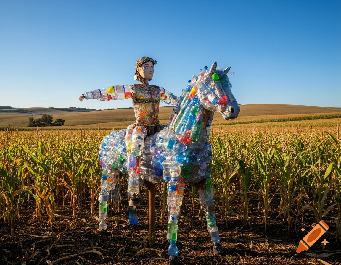 A colorful centaur-like scarecrow sculpture, made from plastic bottles, stands in a golden cornfield under a clear blue sky.
