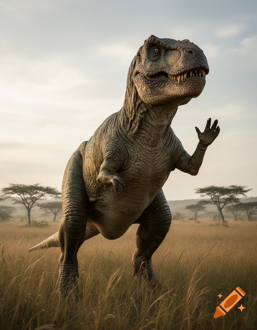 A photorealistic T-Rex waves with its small arm in a golden savanna with acacia trees under a bright sky.