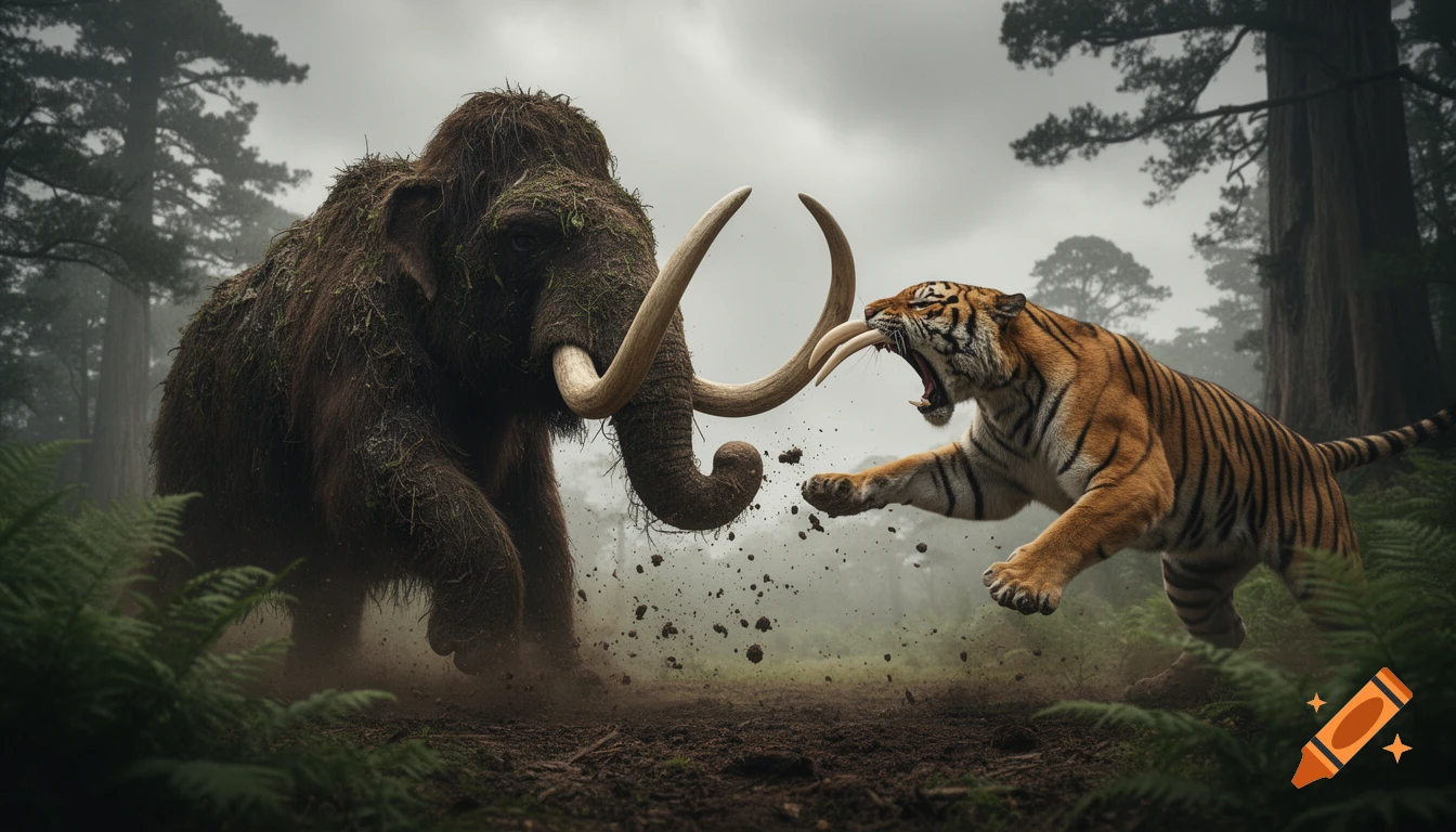 A woolly mammoth and a sabertooth tiger battle fiercely in a misty prehistoric forest, with dirt flying from their struggle.