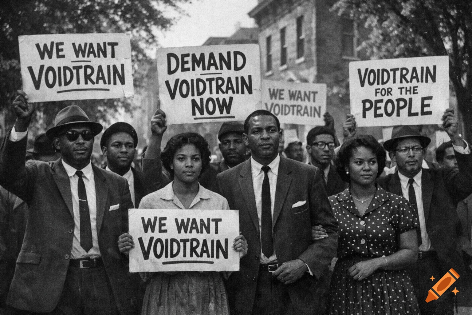 Black and white photo of African American protestors holding signs demanding "Voidtrain" on a street.